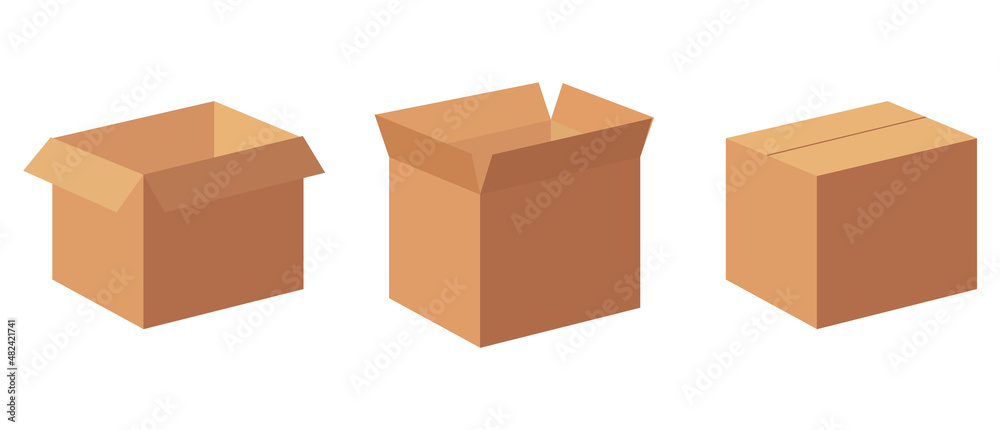 Open and closed boxes. vector set. Set of cardboard box mockups. Vector carton packaging box images. - obrazy, fototapety, plakaty 