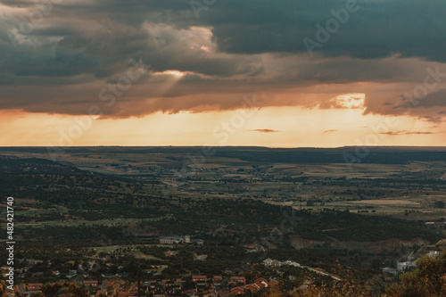 View of a small village in the mountains of Segovia at sunset.