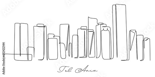 Single continuous line drawing of Tel Aviv Israel. Famous city scraper landscape. World travel home wall decor art poster print concept. Modern one line draw design vector illustration