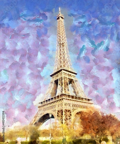 Beautiful places in Paris. Colourful views of Paris. Famous outdoor touristic scenes Paris. Large size painting. Hand drawn artwork with oil brush strokes and canvas texture. Card, background, cover. 