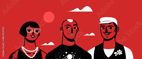 Trio de jeunes personnes adultes, amour, amitié, rencontre, style urbain et mode, sourire et complicité, groupe de musique en concert, communication événementielle destinée aux étudiants, illustration