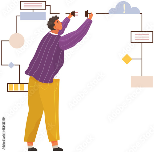 Man with logical, analytical, strategic, structural thinking mental mindset type. Mind behavior, mental perceiving, psychological concept with businessman and scheme, male with technical mindset