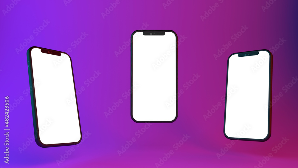 3d smartphone mockup with empty screen on colored neon background. Internet applications, social networks and online sales of products concept. 3d smartphone mockup with empty screen on colored neon background. Internet applications, social networks and online sales of products concept.