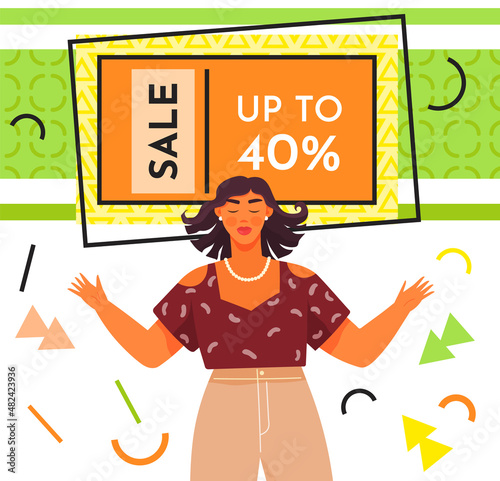 Big sale banner. Sale and discounts. Reduction offer vector poster with happy woman. New arrival, sale and special offer. Black friday. Big discount with girl holding hands up, super price proposition