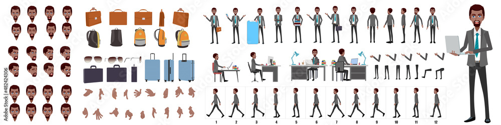 Business Man Character Design Model Sheet. Man Character design. Front, side, back view and explainer animation poses. Character set with lip sync and facial expressions of Happy, angry, sad, Joy with - obrazy, fototapety, plakaty 