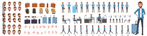 Business Man Character Design Model Sheet. Man Character design. Front, side, back view and explainer animation poses. Character set with lip sync and facial expressions of Happy, angry, sad, Joy with