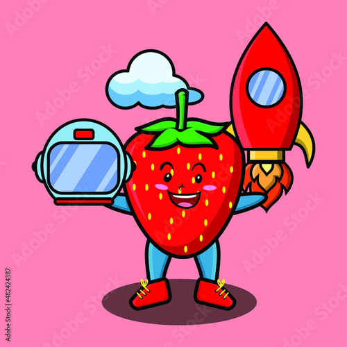 Cute mascot cartoon character Strawberry as astronaut with rocket, helm, and cloud in cute style for t-shirt, sticker, logo element, poster