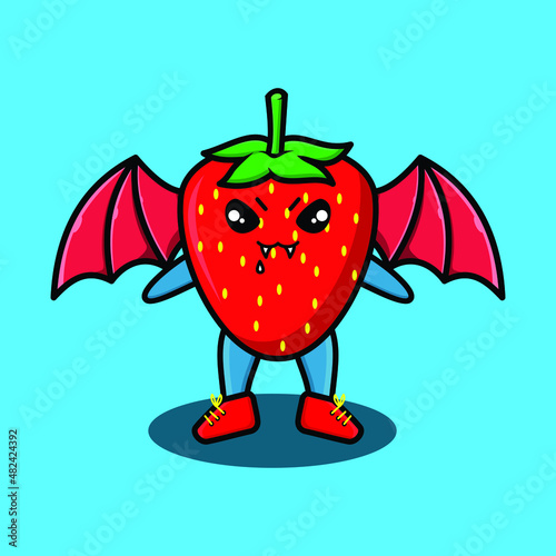 Cute mascot cartoon Strawberry character as dracula with wings in cute modern style for t-shirt, sticker, logo element, poster