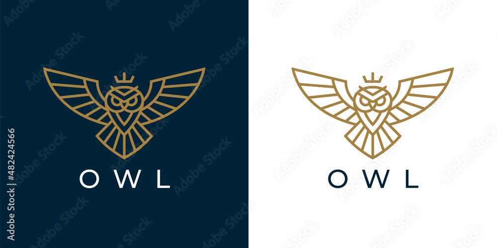 Luxury flying owl logo line icon. Royal wisdom and knowledge brand identity bird symbol. Premium quality vector illustration. Luxury flying owl logo line icon. Royal wisdom and knowledge brand identity bird symbol. Premium quality vector illustration.