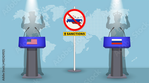 3d tribunes with flags of the USA and Russia, a prohibition road sign with a map of the Russian Federation and a yellow sanction sign. The humans shadows in the top hat and crown make obscene gestures