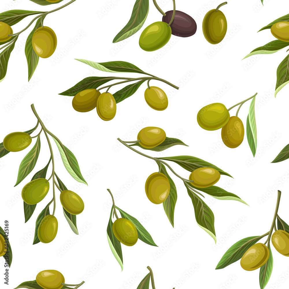 Green olives seamless pattern. Organic natural product background, wallpaper, cover, textile, packaging design