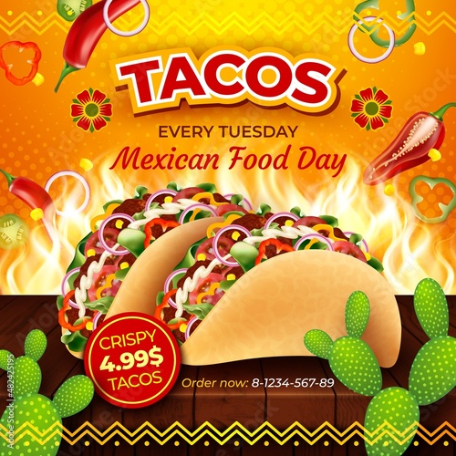 Realistic Detailed 3d Tacos Mexican Food Day Ads Banner Concept Poster Card with Cactus. Vector illustration