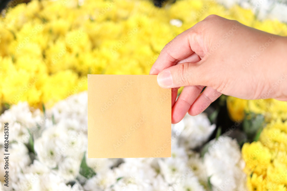 Blank note paper in hand on beautiful white and yellow chrysanthemums flower bouquet background, copy-space on card to put your message. Blank note paper in hand on beautiful white and yellow chrysanthemums flower bouquet background, copy-space on card to put your message.