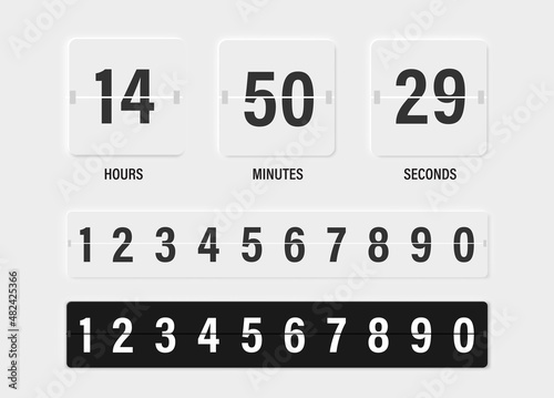 Clock countdown display. Set numbers flip watch. Black and white date counter flip display isolated on white background.