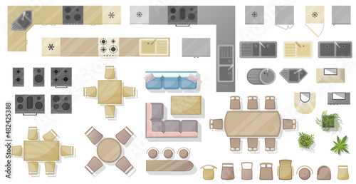 Furniture. for kitchen and dining room top view. Element set for House, apartment, office. Interior icon, equipment, tables, chairs, sink top view. Furniture symbol Kit for interior design. Vector