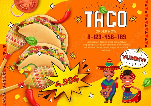 Realistic Detailed 3d Taco Mexican Food Ads Banner Concept Poster Card with Characters National Costume. Vector illustration of Tacos