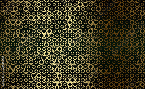 Black and gold seamless pattern fabric poker table. Minimalistic casino vector background circle texture card symbol. Wrapping paper texture