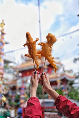 Chinese deep-fried dough stick or Chinese doughnut which called Patongo in dinosaur and crocodile shape from Chiangmai. Popular breakfast in Thailand.