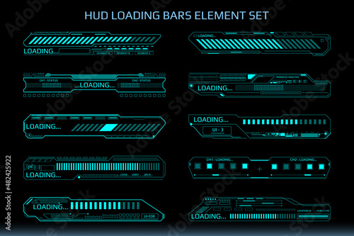 HUD Futuristic Element Loading Data Transfer Bars Set Gadget Vector. Abstract Progress Monitoring System UI Illustration.