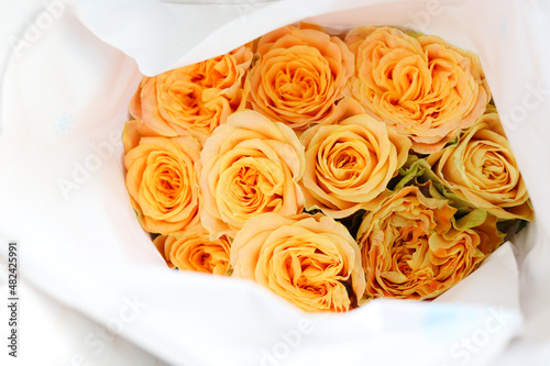 Orange beautiful rose wrapped in paper on sale at flower market  present gift on Valentine s day.