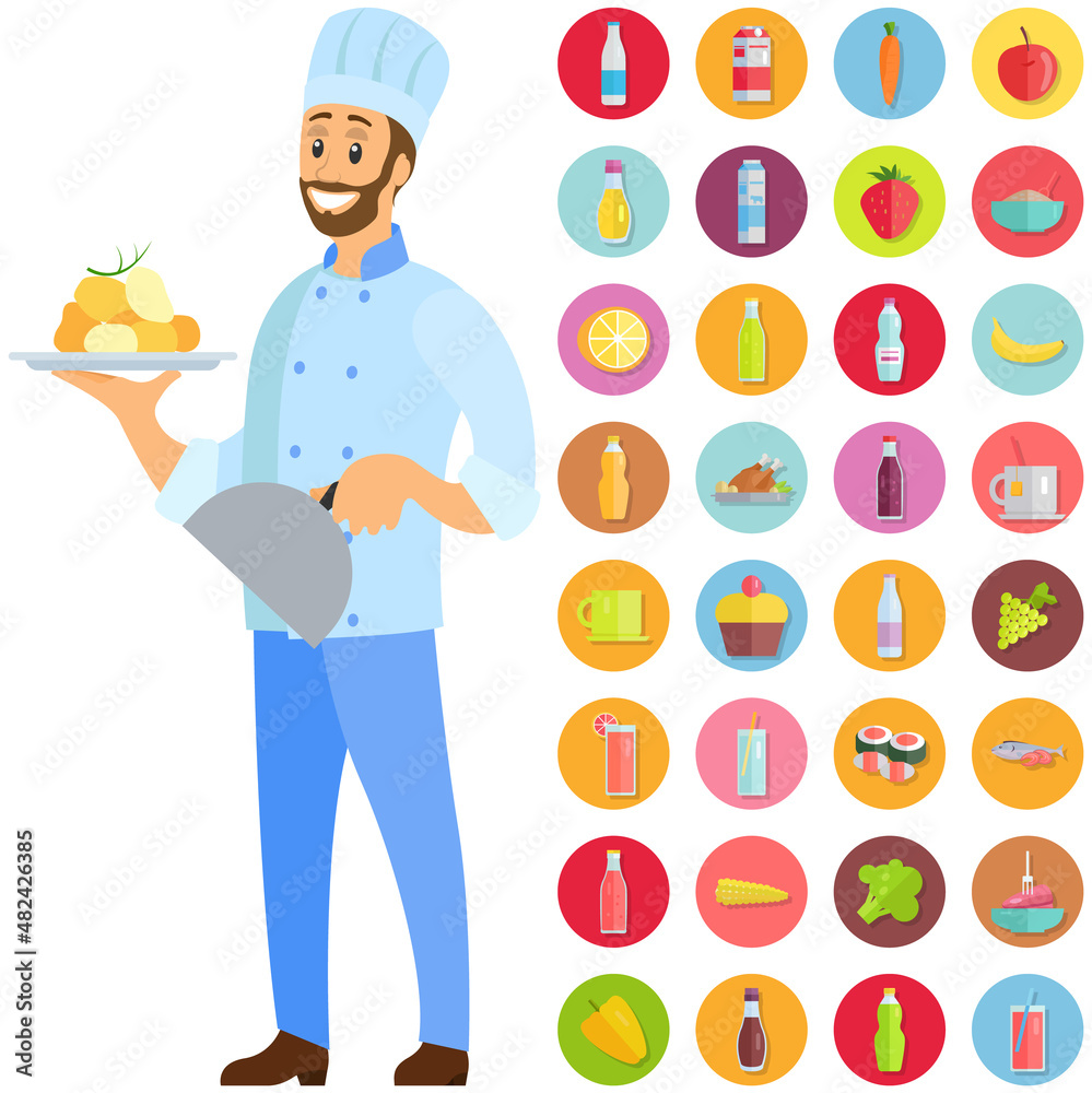 Man holds plate with ready-made meal. Restaurant service, breakfast or dinner dish vector illustration. Kitchener serving dish from chef, food at cafe. Male character with hot meat on plate Man holds plate with ready-made meal. Restaurant service, breakfast or dinner dish vector illustration. Kitchener serving dish from chef, food at cafe. Male character with hot meat on plate