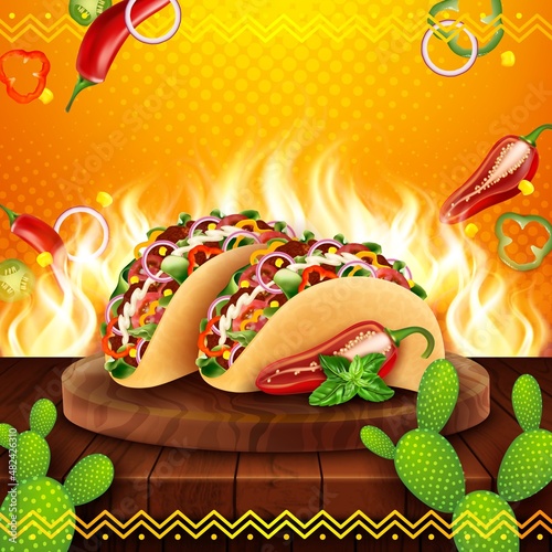 Realistic Detailed 3d Tacos Mexican Food on a Background. Vector illustration of Burning Taco in Fire