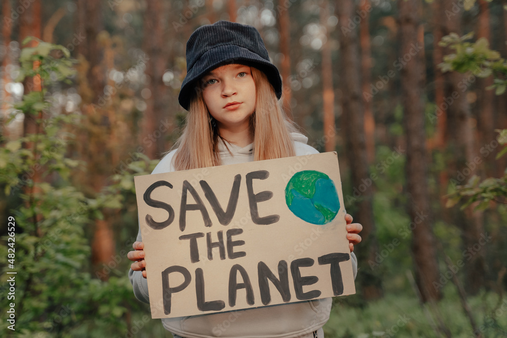 View of gen z girl activist with Save the planet Poster. boy kid volunteer ...