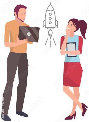 Businesspeople have project strategy planning meeting. Teamwork with business plan, creating new creative project. Meeting to discuss starting business. Colleagues discussing work in entrepreneurship