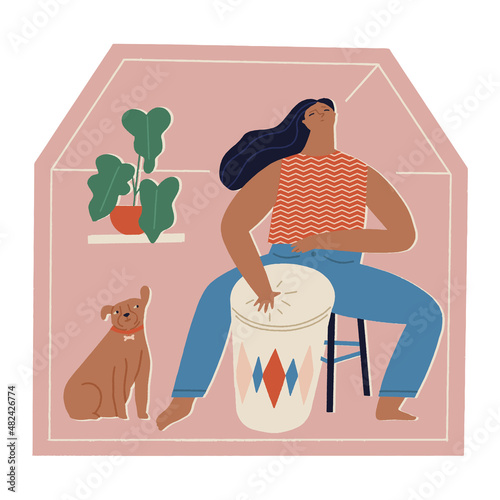 Women playing drum bongo at home with dog listening the music in social distancing period during quarantine. Vector illustration