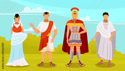 Citizens of ancient rome in traditional costumes set, legionary, roman woman, plebeian, emperor flat vector illustration. Ancient historical characters wearing in authentic clothes cartoon rome people