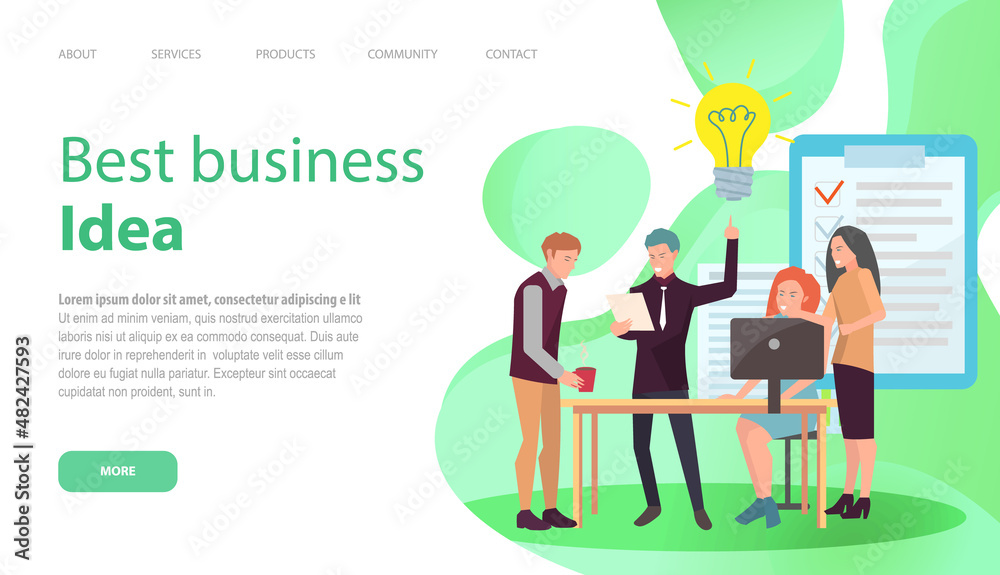 Best business idea concept. Marketing strategy, team develops solutions, create new business plan. People near presentation with list of ideas, man holding light bulb. Webpage template, landing page