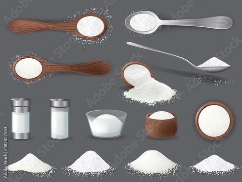 Realistic salt. Grains powder and piles of edible sea mineral crystals. Glass jar for spices. Ingredients for cooking concept. Vector illustration