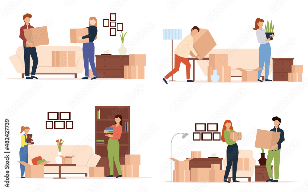 Moving out people. Family moving new house, characters carrying boxes and furniture, cargo delivery service. Cardboard Box with Various Things from House for Moving