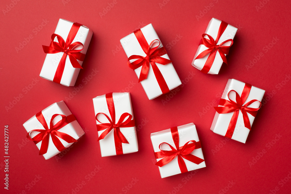 Top view of gift boxes on color background Top view of gift boxes on color background