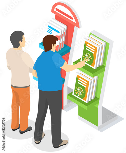 Men looking at presentation stand with product catalogs. Advertising, marketing company, promotion, distribution concept. Male characters choosing books, magazines. People near announcements on rack