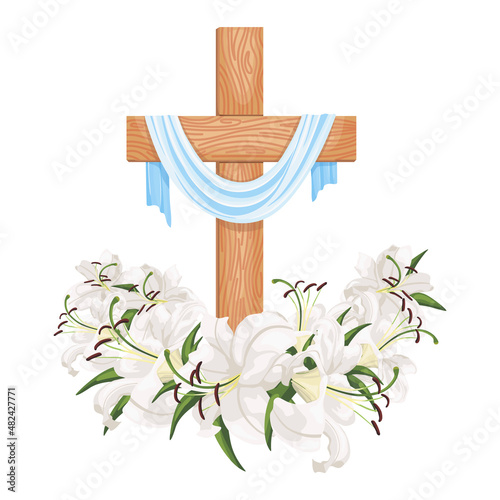 Cross with lilies isolated on white background. Religious symbols wooden cross, white lily and fabric.