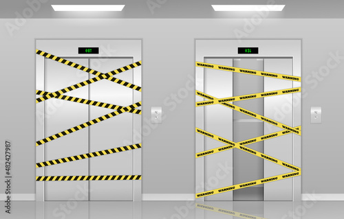 Realistic 3d broken elevators on repair with warning yellow tape. Broken elevators closed for repair or maintenance. Elevators with with closed, opened and half closed doors under repair realistic