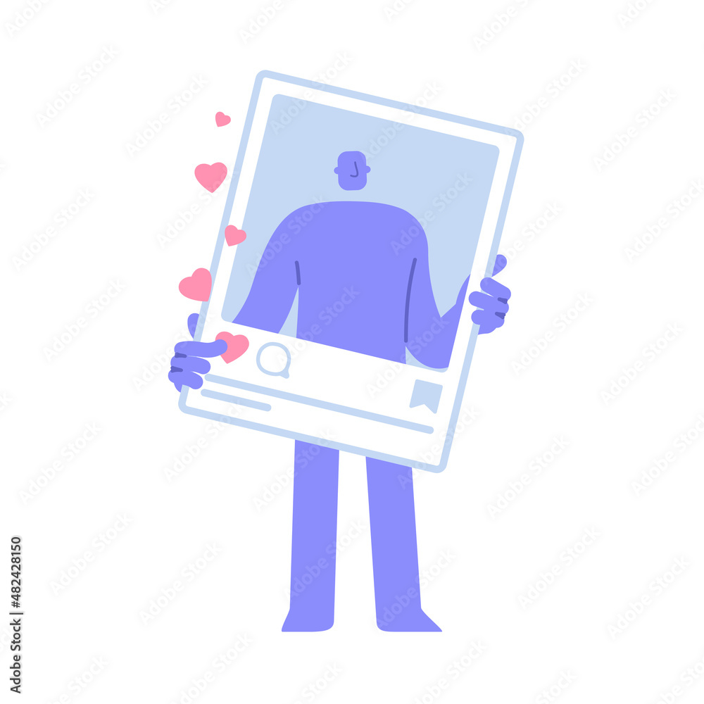 Flat modern character holds a social network photo frame. Publishing new content. social media promotion. Business Concept illustration with man taking part in business activities
