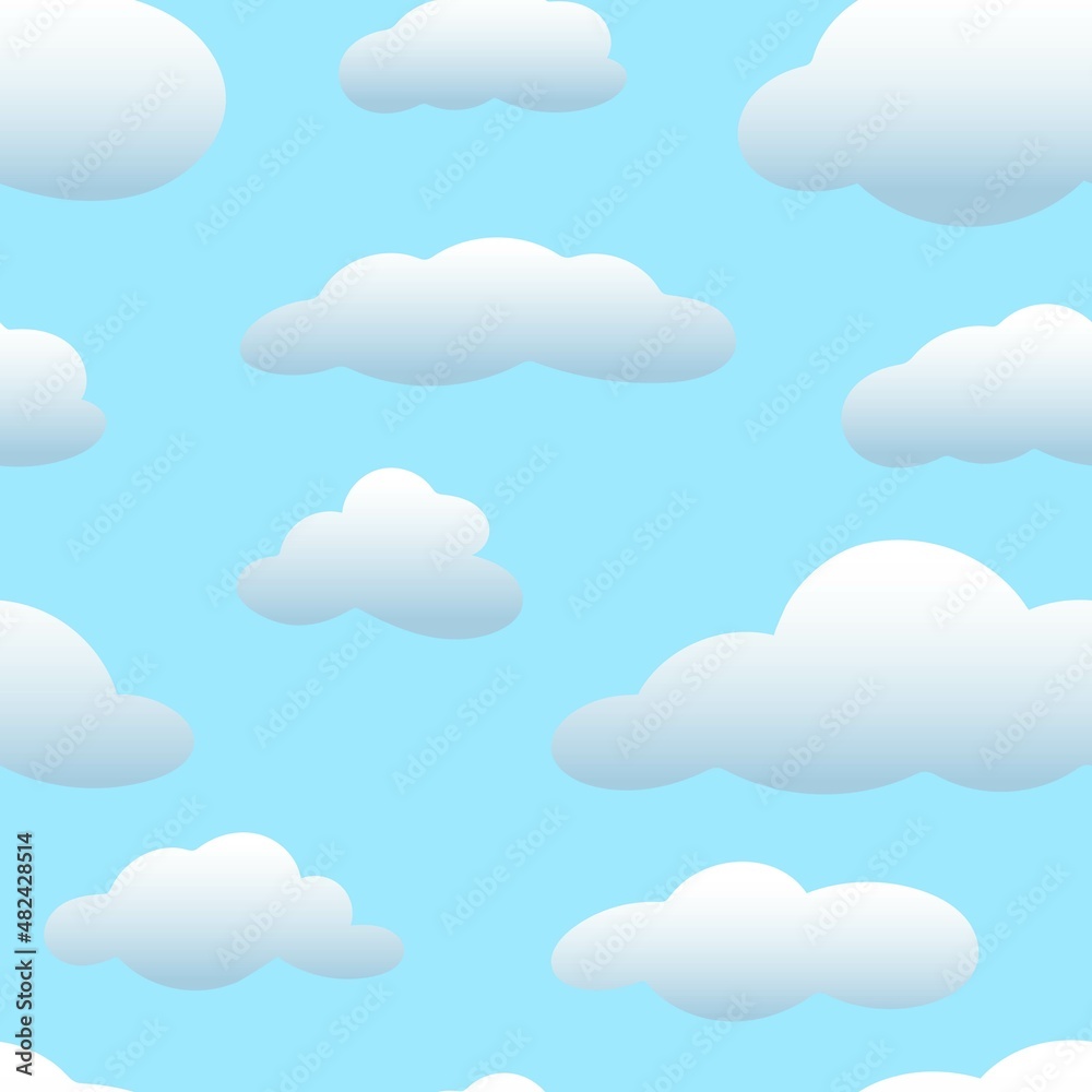 White fluffy clouds on a blue background seamless pattern. Tile cloudy vector illustration. Sky template for fabric, wallpaper, packaging and design