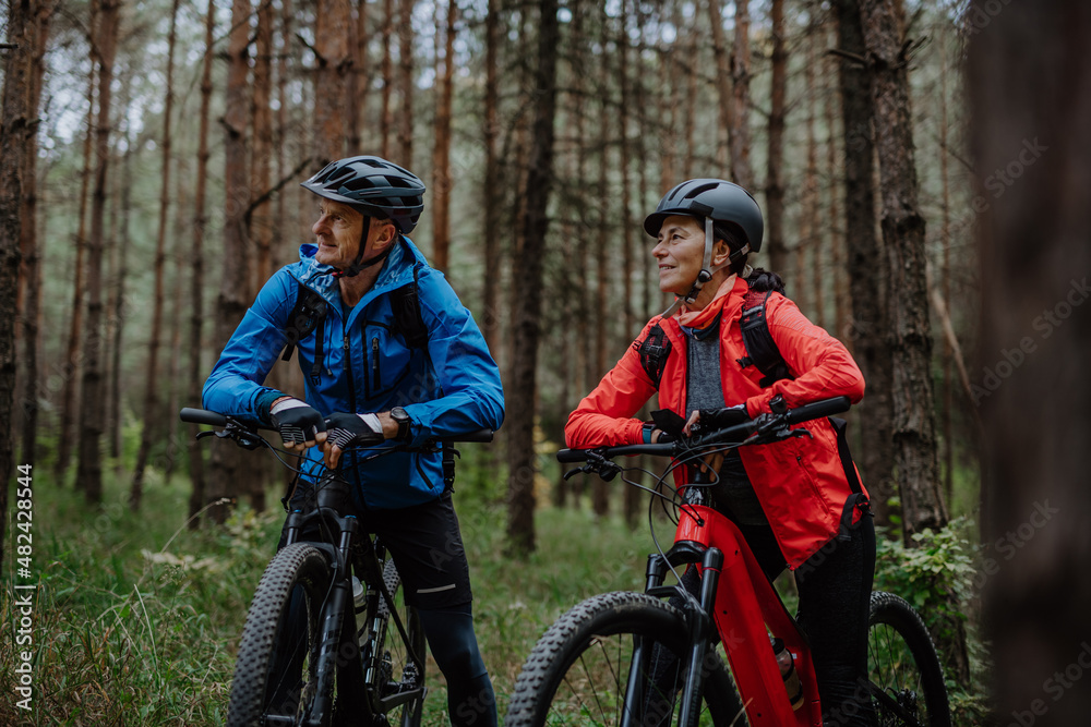 Senior couple bikers with e-bikes admiring nature outdoors in forest in autumn day.