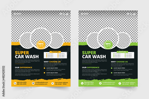 Car washing service flyer. Car wash and cleaning service cover template. Vehicle Cleaning service flyer vector. Car wash promotion offer brochure. Vehicle washing service banner.