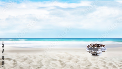 Auster mit Perle am Strand mit Meer im Hintergrund