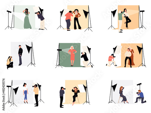 Collection of male and female photographers working at photographic studio. Stylish models outdoor photoset isolated design elements on white background.