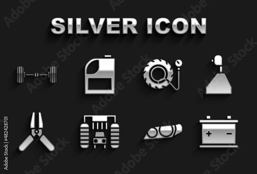 Set Car wash, Gear shifter, battery, headlight, jumper power cable, Tire pressure gauge, Chassis car and Canister for motor machine oil icon. Vector