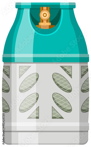 High cylinder, canister with fuel, storage for gas. Metal tank with liquefied compressed petroleum, propane. Pressurized gas cylinder, storage with tap for substance release vector illustration