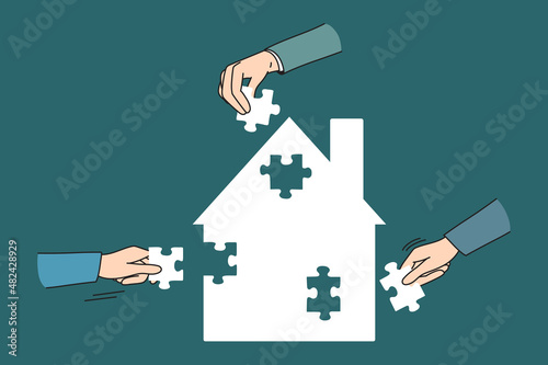 Teamwork cooperation and collaboration concept. Human hands of partners colleagues teammates forming one picture of pieces puzzles together vector illustration 