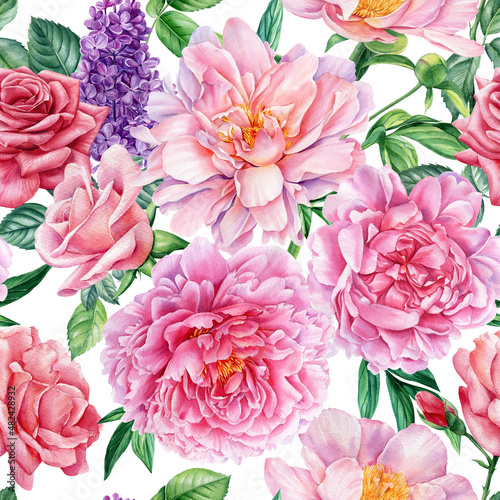 Seamless pattern with leaves and flowers peony, rose, lilac. Watercolor illustration, digital pepper 