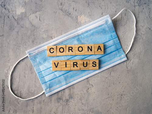 The word CORONAVIRUS lined with wooden letters on a background of blue surgical masks.