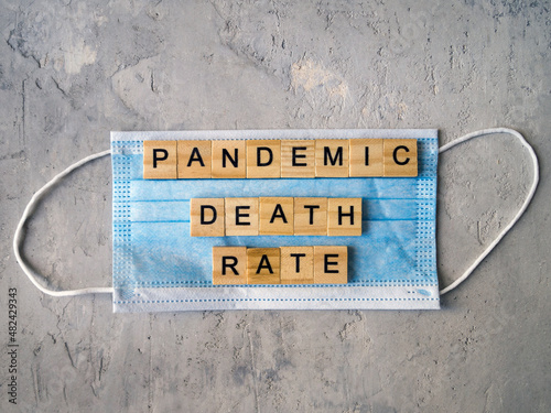 Words PANDEMIC DEATH RATE lined with wooden letters on a background of blue surgical mask.