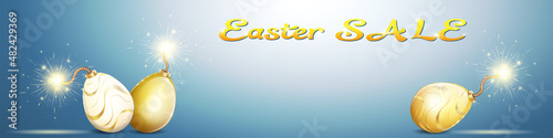 Easter Sale banner with lettering and gold easter eggs bombs.